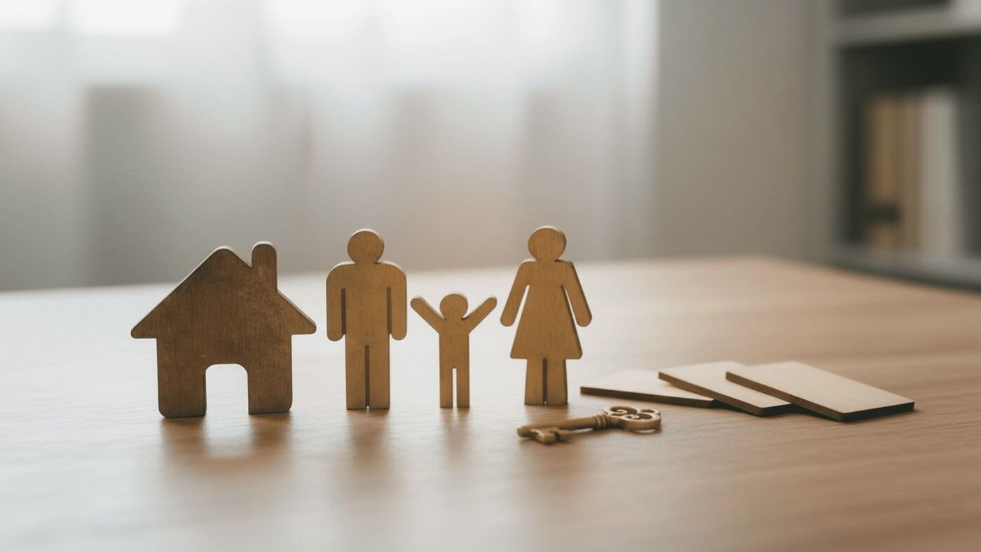 Wooden figures of a family beside a house and key